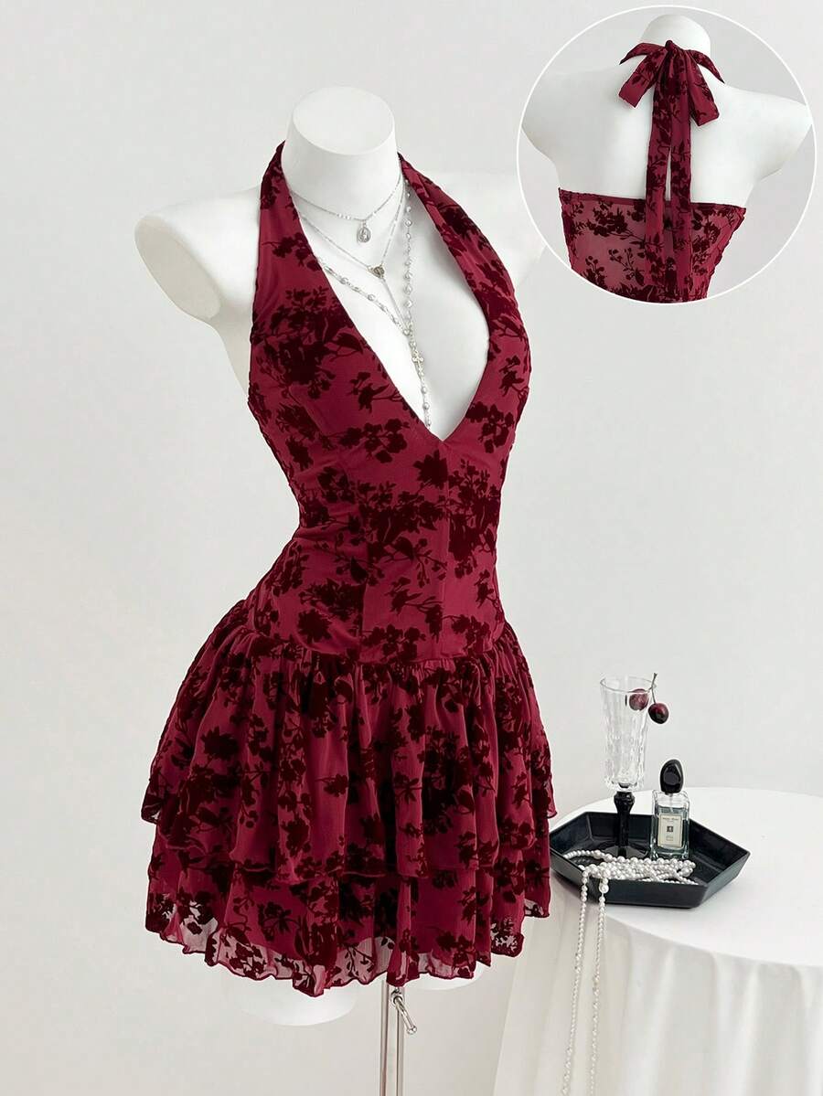 Elamini Đầm ngắn hở lưng gợi cảm họa tiết hoa cổ điển dành cho nữ - Màu Đỏ Sâu - Xem 1