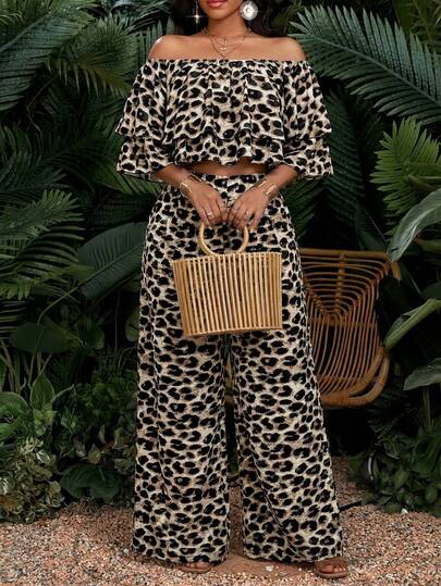 SHEIN Lady Plus Size Leopard Print Off Shoulder Top And Elastic Waist Wide Leg Pants 2 Pieces Set  Summer Spring Summer Outfits For Women  Spring Outfit  Summer Dress Spring Dress  Festival Outfits For Women   Beach  Beach Outfit For Women Vacation Outfits Women  Vacation   Holiday