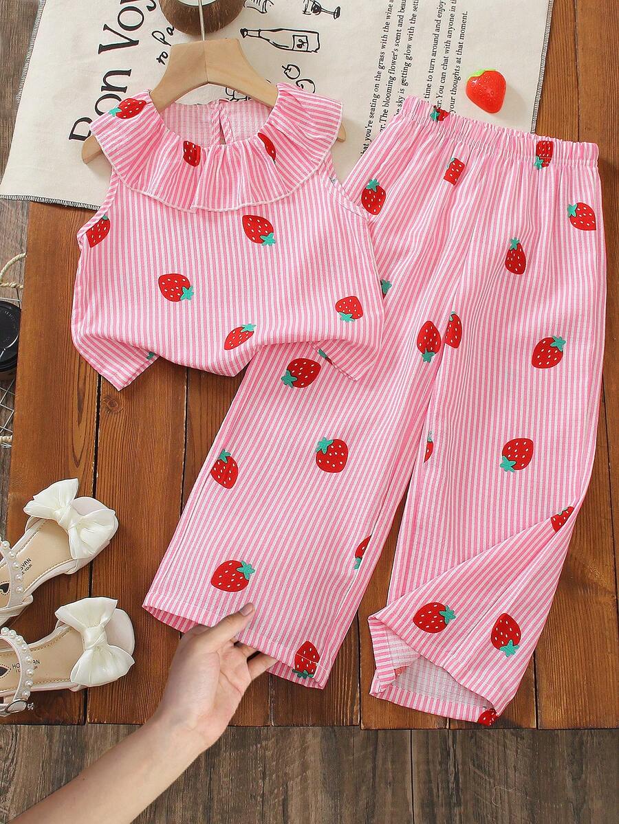 SHEIN 2pcs Young Girl SweetCute Princess Strawberry Print Sleeveless TopPants Set,Light Pink Summer Family Matching Striped 3D Embroidery Ruffle Collar