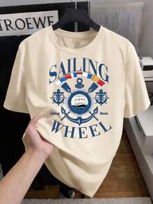 Manfinity LEGND 男士白色圆领短袖T恤，意大利元素印花，针织款式 - 卡其色 - 查看 3