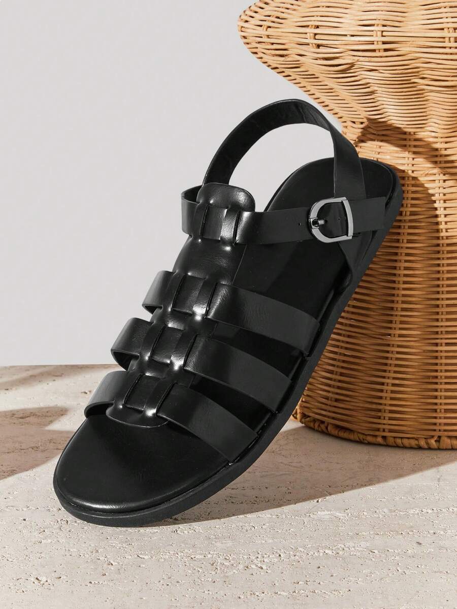 SHUZIA 男士高级油鞣人造革黑色后系带渔夫凉鞋 – 编织工艺，贴合稳固，日常穿着舒适 - 黑色 - 查看 1