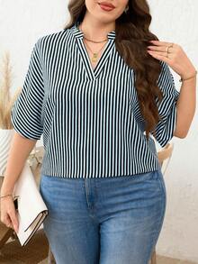 SHEIN Clasi Plus Size Striped Print Notch Collar Casual Short Sleeve Shirt - Baby Blue - View 5