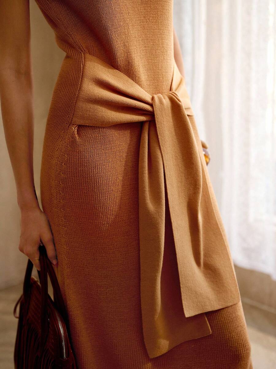 MOTF PREMIUM Đầm len không tay cổ chữ V, thắt eo, kiểu dáng cổ điển, mùa xuân/hè.