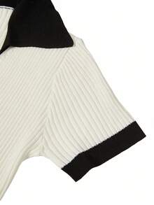 GlowEve Nueva blusa de punto casual con bajo asimétrico de colores contrastantes, estilo europeo y americano - Blanco y Negro - Ver 5