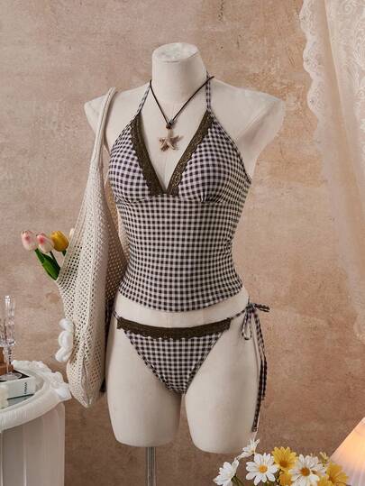 Bellisia Women's Plaid Lace Patchwork Camisole Bikini Top