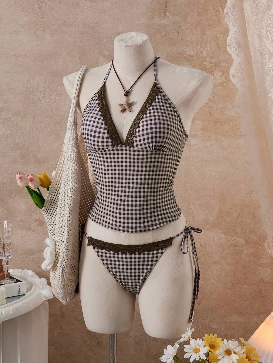 Bellisia Women's Plaid Lace Patchwork Camisole Bikini Top - Brown - View 1