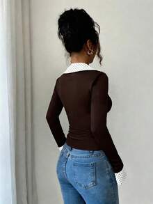 Elenzga 女士优雅休闲黑白波点叠层长袖衬衫，Y2K复古时尚上衣，适合休闲、派对、春秋季正式场合，百搭衬衫，耐穿面料，适合女士聚会、约会、通勤、秋冬季日常生活，也适合万圣节、圣诞节、沙特国庆日、新年派对、毕业典礼、角色扮演等场合。 - 咖啡棕 - 查看 2