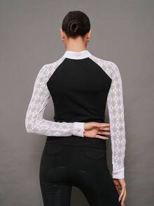 Activina Women's Lace Patchwork Stand Collar Casual Versatile Equestrian Riding Long Sleeve Top - Black and White - View 2