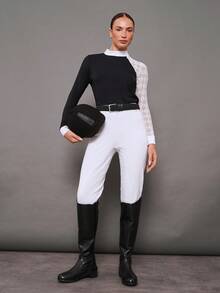 Activina Women's Lace Patchwork Stand Collar Casual Versatile Equestrian Long Sleeve Top - Black - View 3