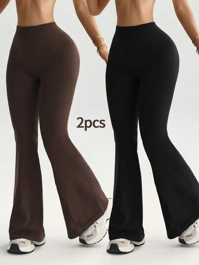 Velisys 2pcs Women's Seamless V-Waist Slimming & Lengthening Fitness Yoga Gymnastics Dance Leggings, Long Flared Workout Pants