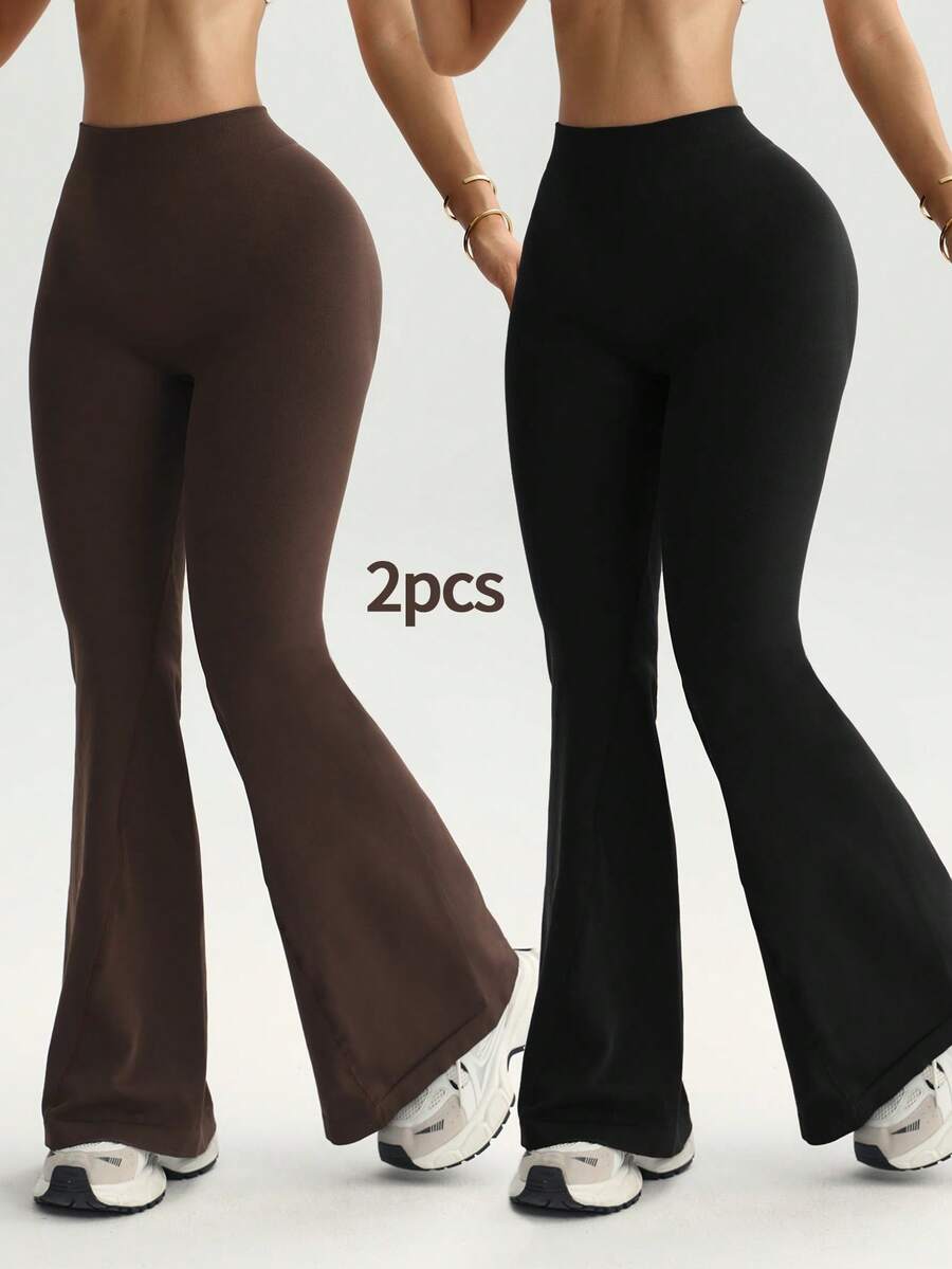 Velisys 2pcs Women's Seamless V-Waist Slimming & Lengthening Fitness Yoga Gymnastics Dance Leggings, Long Flared Workout Pants - Multicolor - View 1