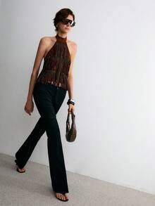 ATUI Studio Women's Shiny Faux Suede Fringe Backless Top Hanging Neck Collar, Computer Diamond Studded Tassel Top, Fashionable And Modern, Daily Outfit - Brown - View 5