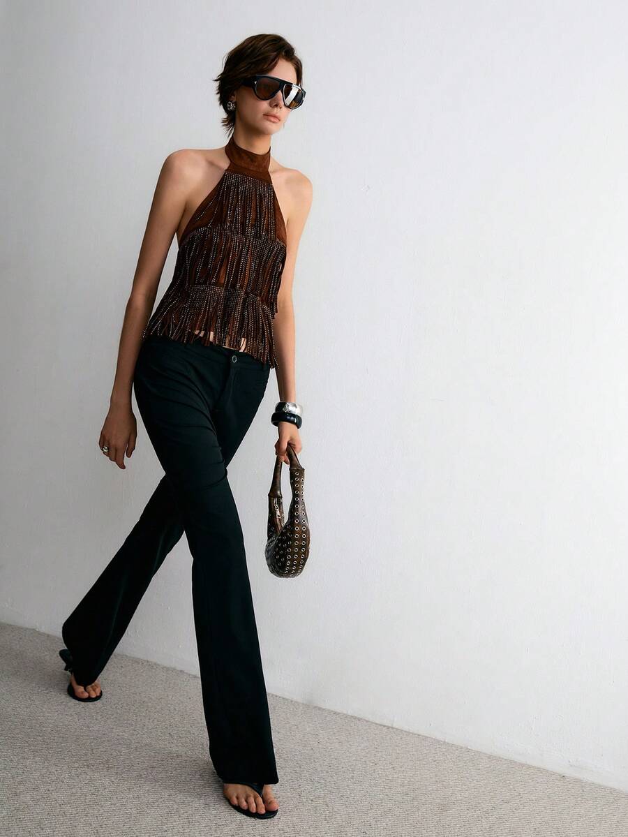 ATUI Studio 女士亮面仿麂皮流苏露背上衣 - 棕色 - 查看 1