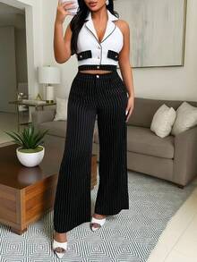 Vavine Conjunto elegante de negocios casuales para mujer, con top de chaleco ajustado con decoración de tweed, solapa y botones metálicos sexy, y pantalones rectos a rayas de cintura larga y casual, conjunto de 2 piezas - Blanco y Negro - Ver 6