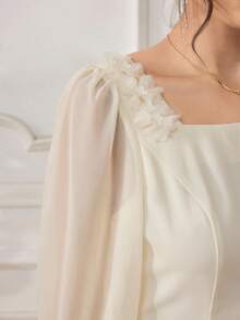 Modelyn 优雅方领3D立体印花杏色连衣裙，适合外出穿着 - 杏色 - 查看 7