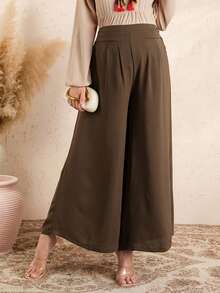 SHEIN Women's Summer Linen-Feel Solid Casual Wide Leg Pants, Adjustable Elastic Waist Maternity Pants - Brown - View 1