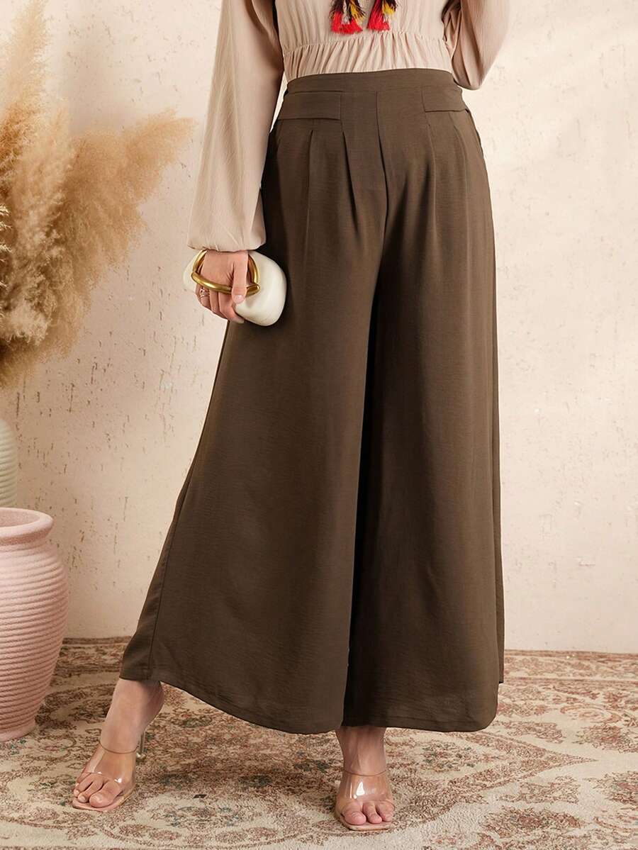 SHEIN Women's Summer Linen-Feel Solid Casual Wide Leg Pants, Adjustable Elastic Waist Maternity Pants - Brown - View 1