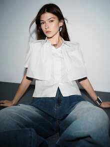 Lumivelle Women's Spring/Summer New Blouse Short Sleeve 2 In 1 Design Urban Chic Elegant White Shirt Collar Shirt Cropped Button Up - White - View 5