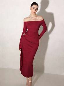 Modelyn Women's Elegant Solid Color Off-Shoulder Mid-Length Dress - Red - View 4