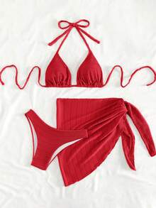 Swim Mod 女士夏季度假沙滩纯色挂脖比基尼套装，带罩裙 - 紅色 - 查看 3