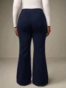 SHEIN Tall CURVE 大码休闲低腰抽绳弹力运动裤喇叭裤保暖内衬复合绒面料运动裤，适合秋冬季穿着 - 藏蓝色 - 查看 2