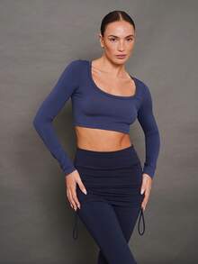 Activina Maglietta sportiva a maniche lunghe, aderente, con scollo a barca, di colore unito, alla moda - Blu - Visualizzare 2