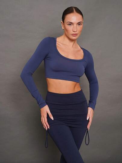 Activina Solid Color Scoop Neck Fitted Fashionable Long Sleeve Athletic T-Shirt
