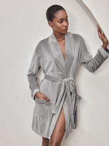 Ocili Women's Silky Gray Comfortable Velvet Loose Belted Mid-Length Robe, Sleepwear - Grey - View 6