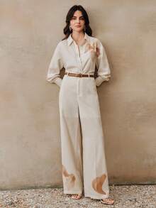 Anewsta 春夏沙滩套装，低饱和度扎染简约印花杏色长袖上衣和裤子两件套，休闲度假 - 杏色 - 查看 6