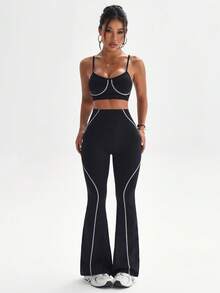 Slayform Bộ áo ngực và quần ống loe thể thao yoga co giãn cao cấp không đường may - màu đen - Xem 5