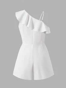 SHEIN Sparklyn Elegant Asymmetric Ruffle Design Metal Button Jumpsuit, Suitable For Teen Girls, Spring/Summer, Commuting - White - View 7