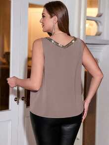 SHEIN Clasi Plus Size Colorblock Sequin Patchwork V-Neck Casual Tank Top - Dusty Pink - View 2