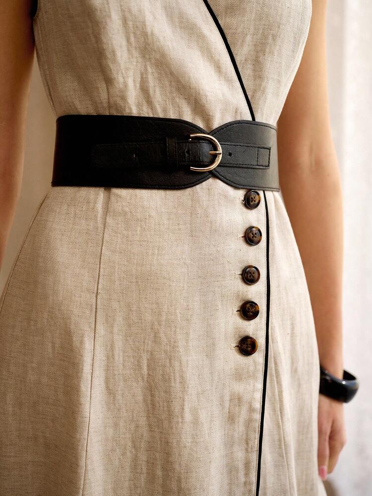 LINEN SLEEVELESS CONTRAST TRIM MID-LENGTH BELTED DRESS, OLD MONEY VINTAGE STYLE, SPRING/SUMMER