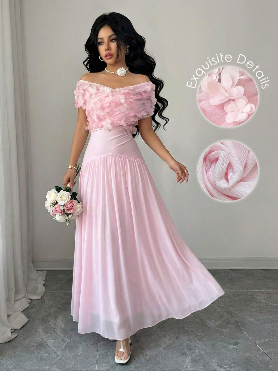 Elenzga Váy chữ A hở vai thanh lịch dành cho nữ, có chi tiết lưới, thắt eo, thích hợp cho các buổi hẹn hò, không tay, dài, màu hồng, đầu xuân - Hồng - Xem 1