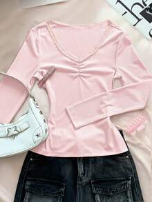 INAWLY Damen Große Größen Mode Lässig Romantisch Retro Gestreiftes Langarm T-Shirt - Pink - Übersicht 1