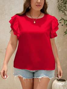 SHEIN Clasi 大码女式夏季简约纯色圆领荷叶边下摆上衣 - 紅色 - 查看 3