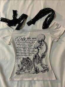 Attitoon 女士休闲复古蕾丝系带修身T恤，骷髅印花，适合Y2K、复古、Grunge、Y2K、夏季风格 - 白色 - 查看 1