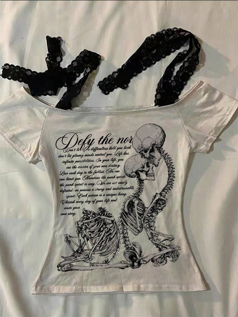 Attitoon 女士休闲复古蕾丝系带修身T恤，骷髅印花，适合Y2K、复古、Grunge、Y2K、夏季风格 - 白色 - 查看 1