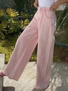 DAZY 女士宽松休闲破洞粉色阔腿牛仔裤，度假风，春夏款 - 淺粉色 - 查看 5