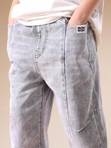 SUMWON Boys Relaxed Fit Light Wash Denim Jeans With Cargo Pockets Elastic Waist Casual Wide Leg Pants For Everyday Comfort Vacation - Grey - View 5