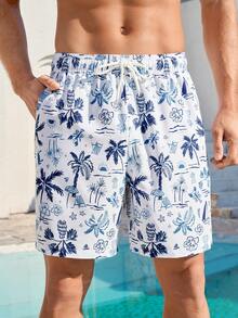 Manfinity Swimmode 男士休闲热带印花抽绳腰斜插口袋宽松沙滩短裤，夏季 - 藍色 - 查看 4