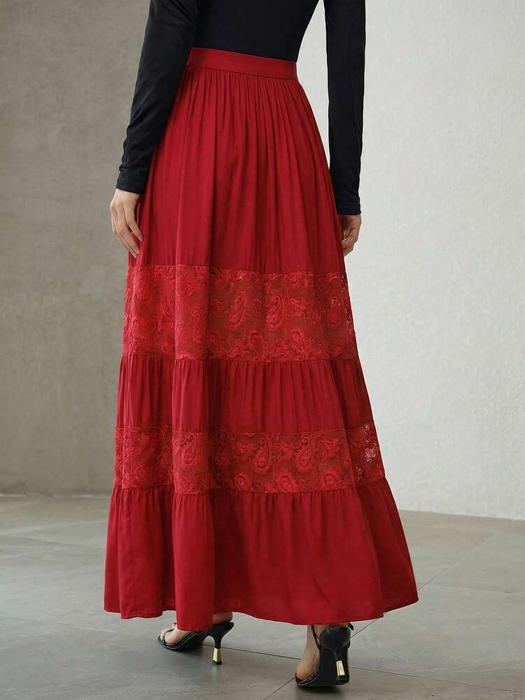 WOMEN'S CONTRAST LACE RUFFLE HEM SKIRT