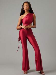 NYA SZN Jumpsuit Asymmetrical One Shoulder Sleeve Slim Flare Leg Cut Out Ruche Red Festive Holiday Christmas NYE New Years Easter Special Occasion Event Party Outfits For Women - Red - View 3
