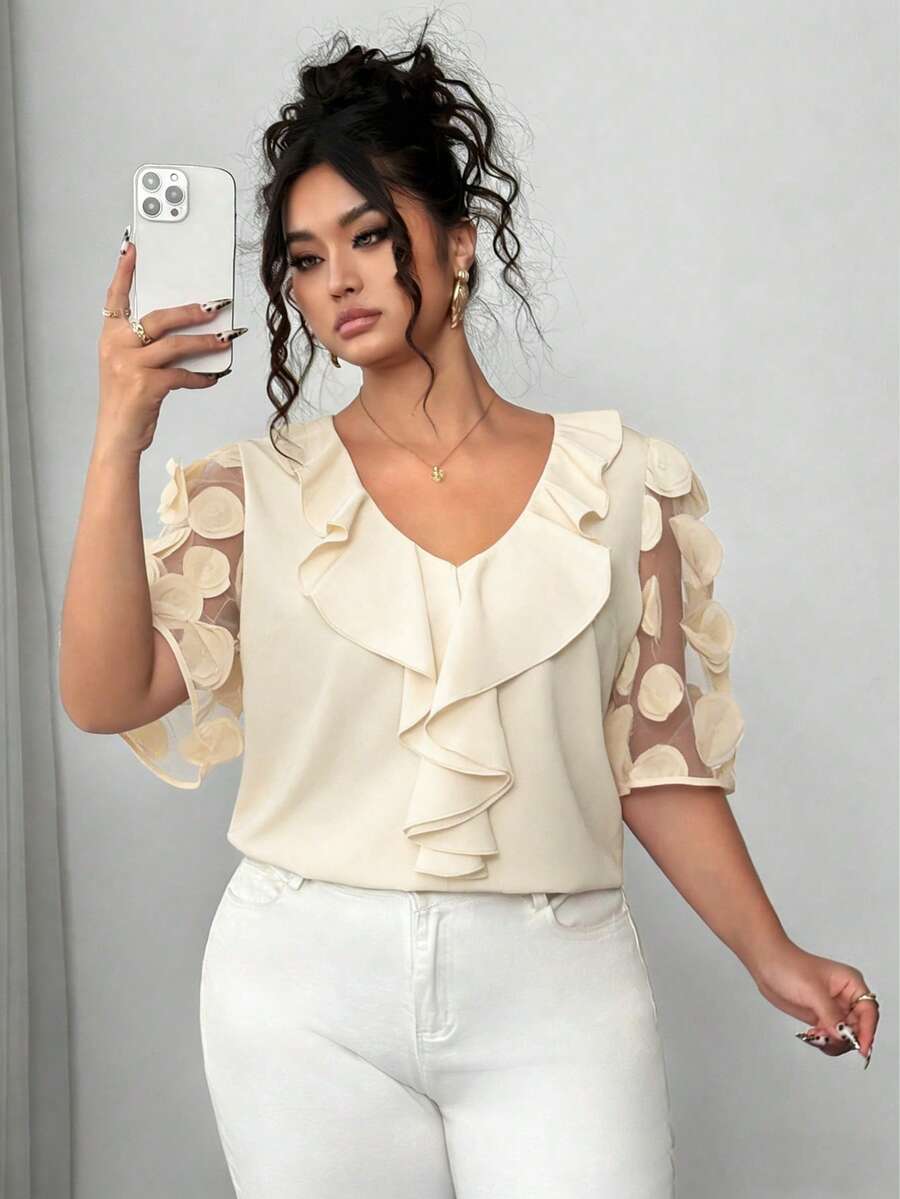 Elenzga 大码女式薄纱泡泡袖纯色V领荷叶边下摆上衣，夏季 - 杏色 - 查看 1