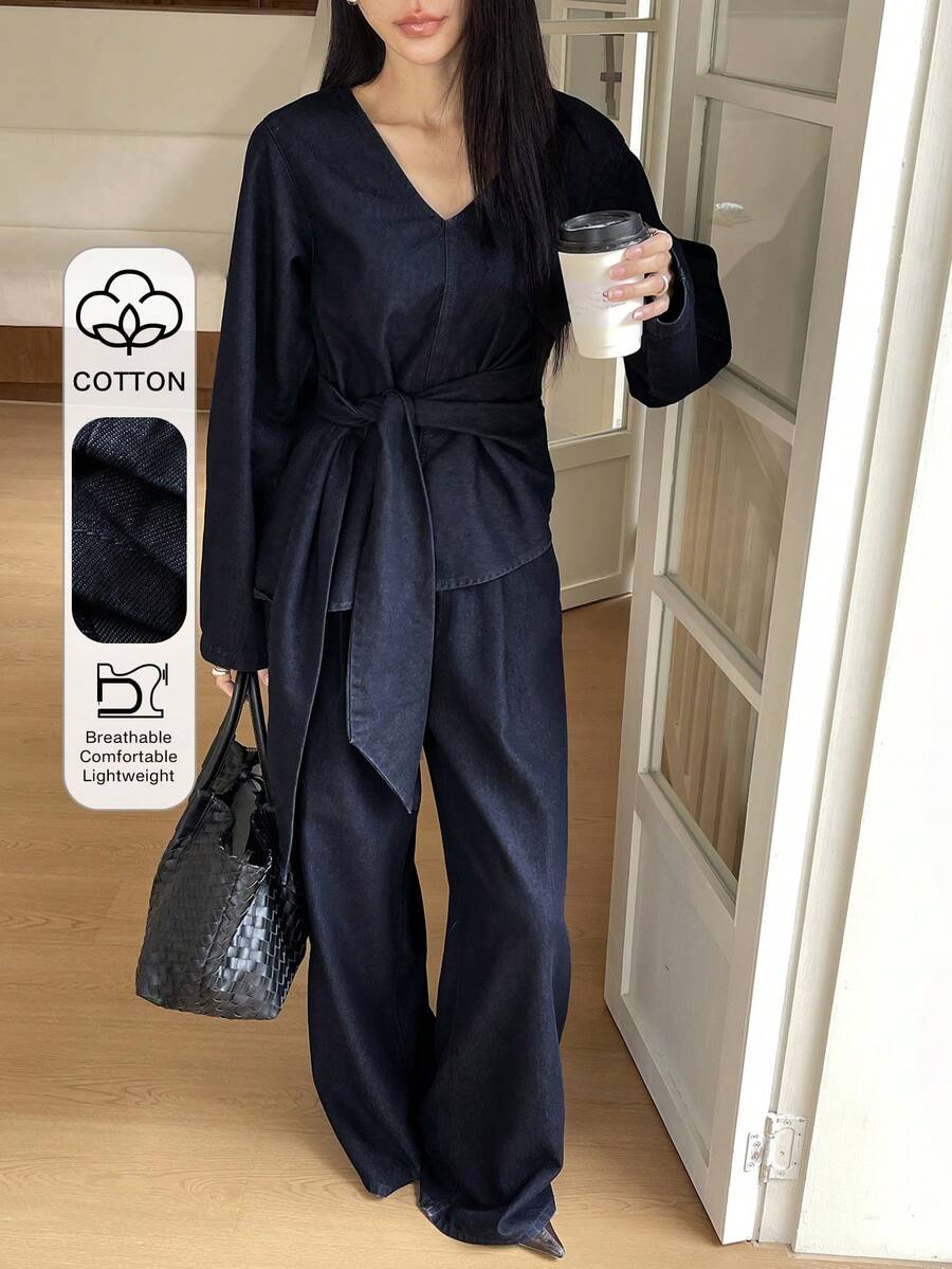 女士V领长袖打结腰身牛仔上衣搭配牛仔裤休闲装 - 藍色 - 查看 1