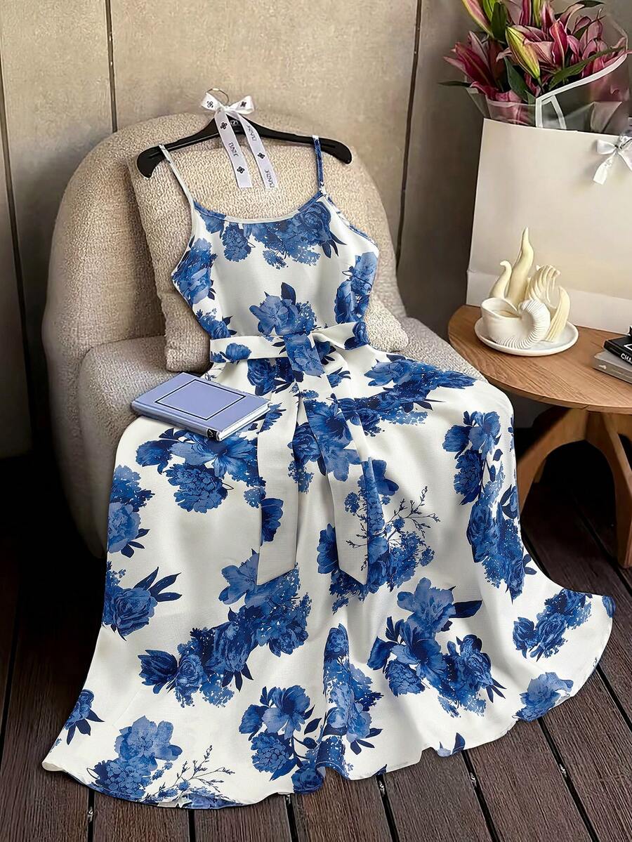 GlowEve Women's Linen-Like Blue & White Floral Print Camisole Dress - Blue and White - View 1