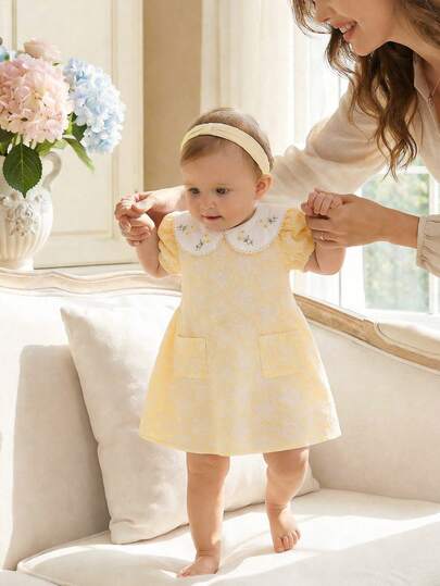 SHEIN 女婴田园风可爱向日葵刺绣领连衣裙，配橙色抽绳；蓝色短款泡泡袖A字连衣裙，带向日葵口袋装饰，春夏款