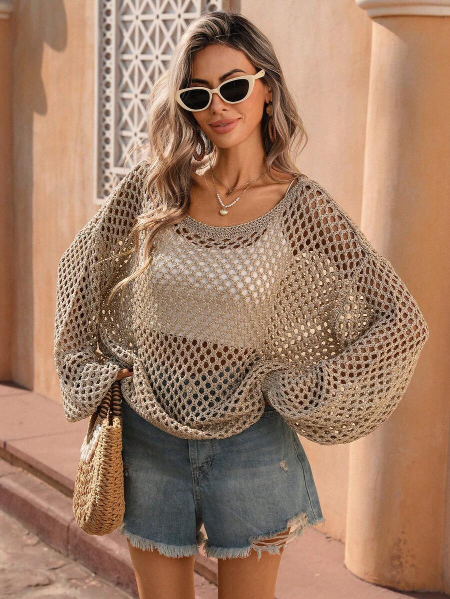 Selianne 休闲度假风派对灯笼袖亮面香槟金镂空套头毛衣（不对称肩部），春夏款 - 香檳色 - 查看 1