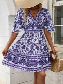 Breezaya Women's V-Neck Batwing Sleeve Summer Casual Holiday Dress With Blue And White Porcelain Print, Elastic Waist And A-Line Dress Vacation Beach Outfit - Lilac Purple - View 1