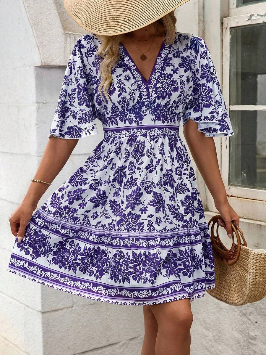 Breezaya Women's V-Neck Batwing Sleeve Summer Casual Holiday Dress With Blue And White Porcelain Print, Elastic Waist And A-Line Dress Vacation Beach Outfit - Lilac Purple - View 1
